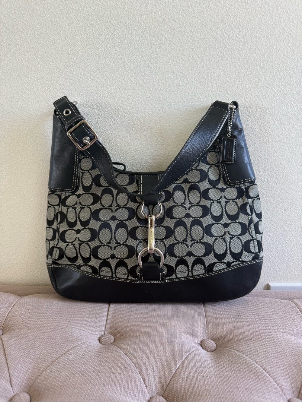 Authentic Coach Y2K Signature C Shoulder Bag Gray and Black